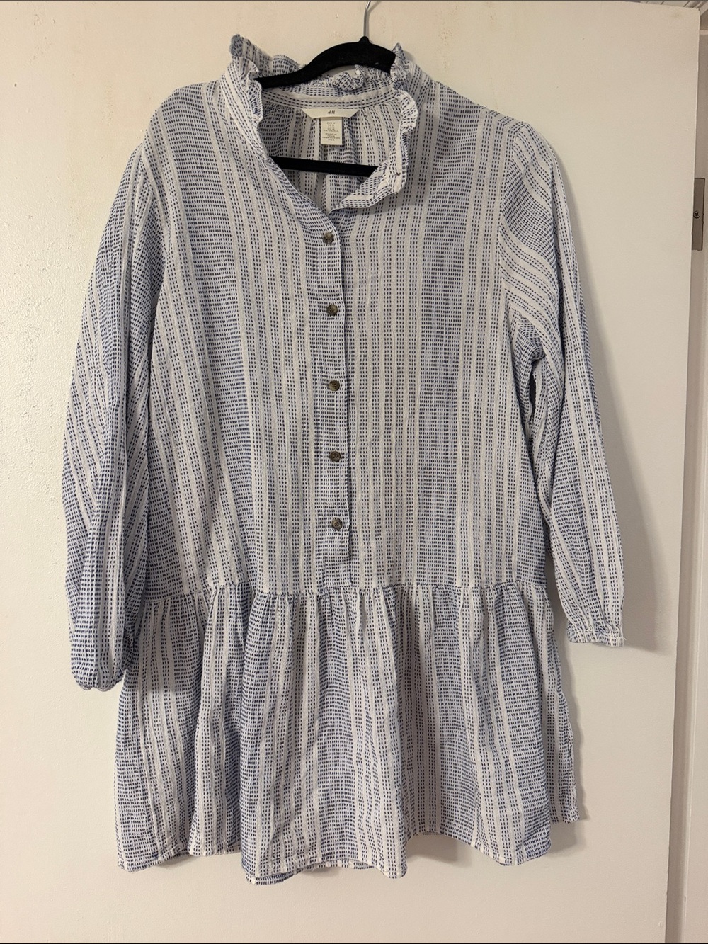 H&M Light Blue and White Striped Ruffle Collar Mini Dress